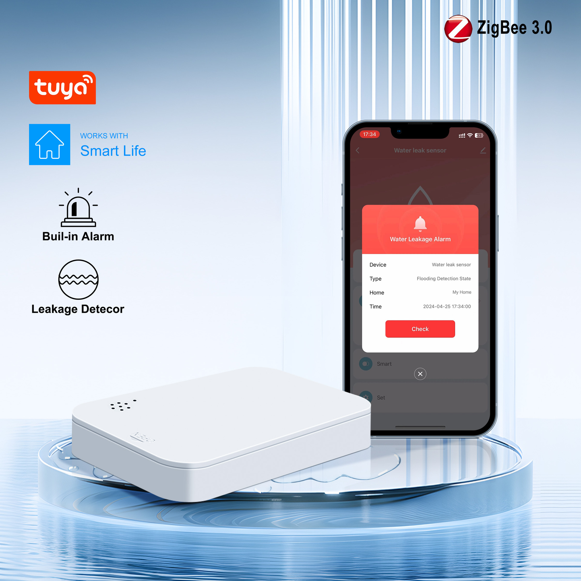 zigbee水浸报警器app智能传感器远程声光门窗报警手机无线