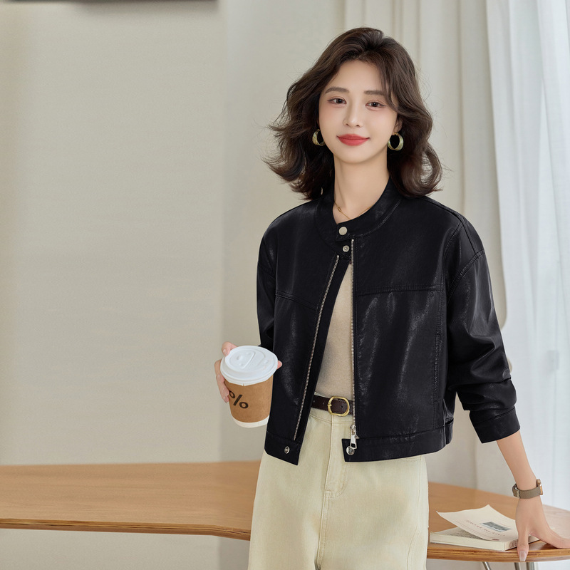 欧洲站真皮皮衣女短款外套2025新款圆领绵羊皮小个子夹克机车服潮