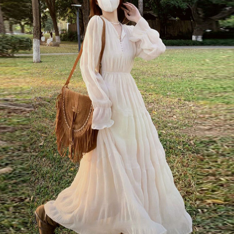 Fairy Tea Break French Style Early Spring White Beach Dress Tight Waist Slimming Pleated Vacation Long Dress Long Sleeve Chiffon dress