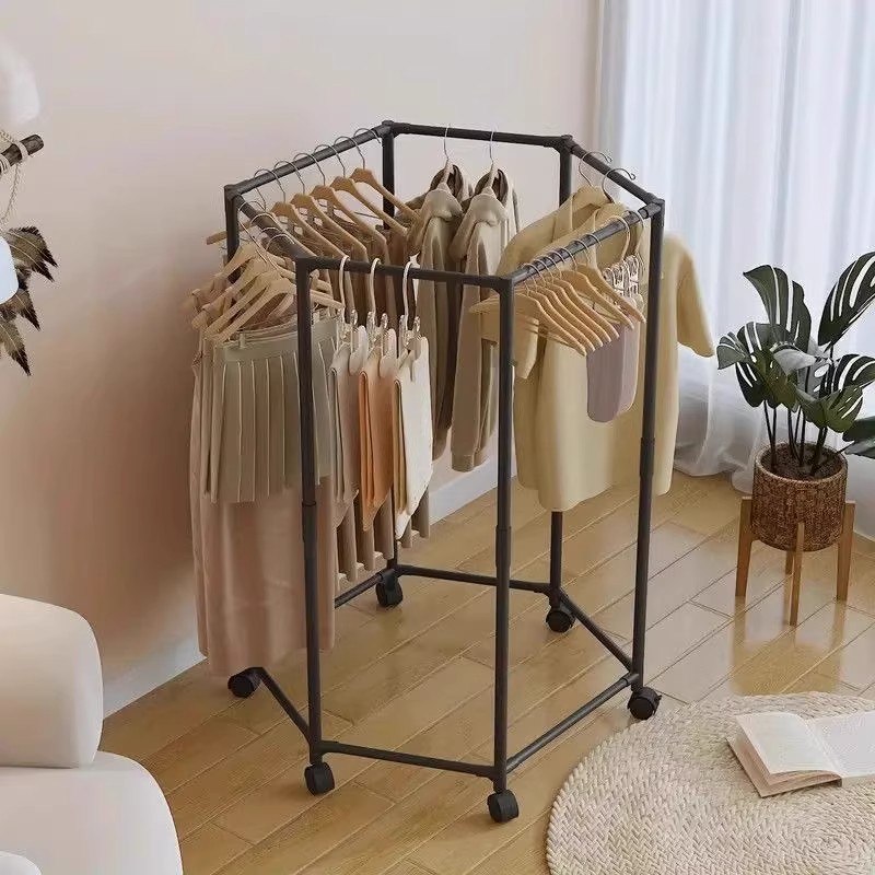 Simple Hexagonal Clothes Drying Rack, Multifunctional Rotating Clothes Rack with Wheels, Household Balcony Mobile Bedroom Clothes Rack