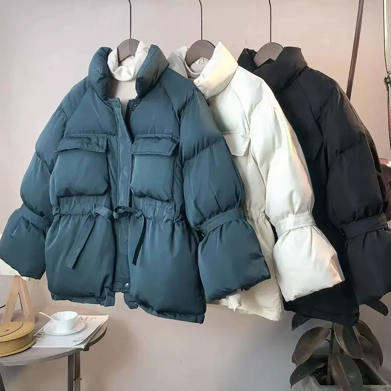 2025冬季立领小个子可爱抽绳收腰喇叭袖羽绒服中长款加厚外套女装