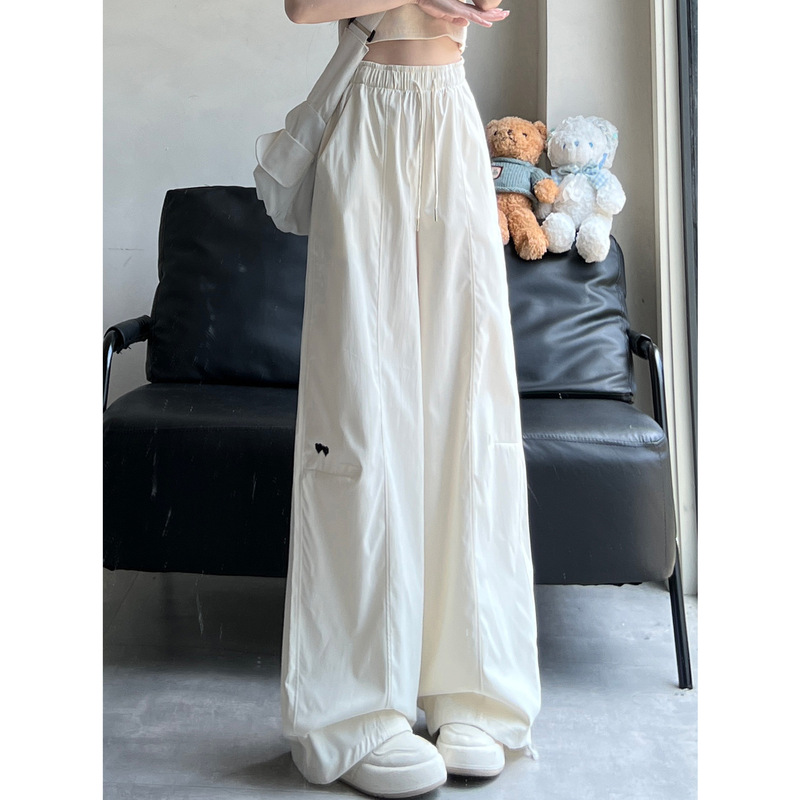 Off-White Ice Silk Embroidered Quick-Dry Work Pants for Women, New Summer Style, Loose Fit, Slimming, Thin, Casual Straight-Leg Pants Off-White Ice Silk Embroidered Quick-Dry Work Pants for Women, New Summer Style, Loose Fit, Slimming, Thin, Casual Straight-Leg Pants