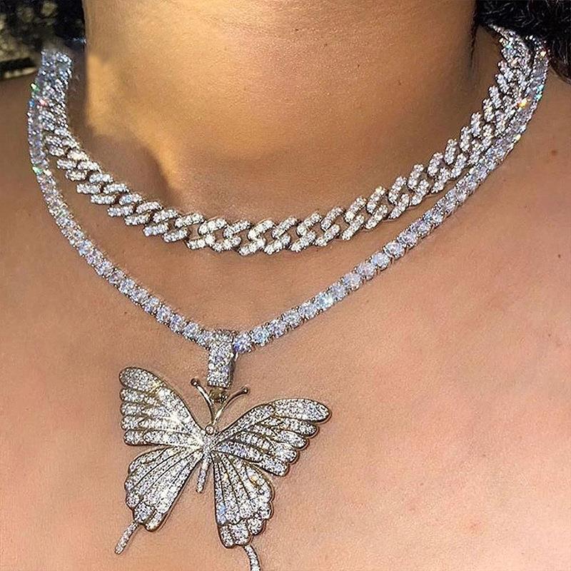 European And American Trend Double-layer Cuban Necklace Personality Exaggeration Full Diamond Big Butterfly Necklace Thick Chain Sweater Chain