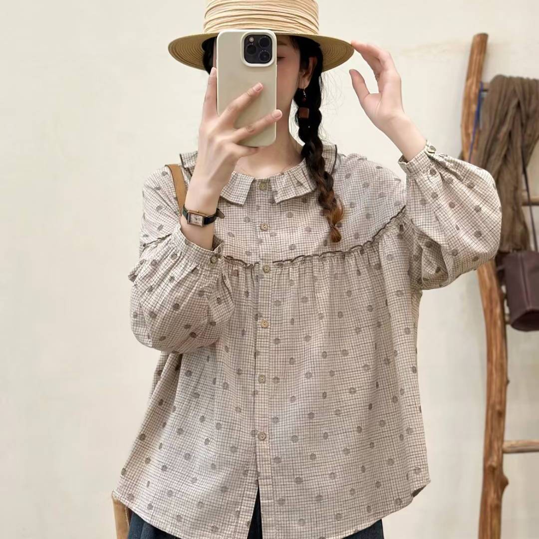 夏季女装新款森女系圆点减龄娃娃领单排扣纯棉宽松短袖衬衫女衬衣