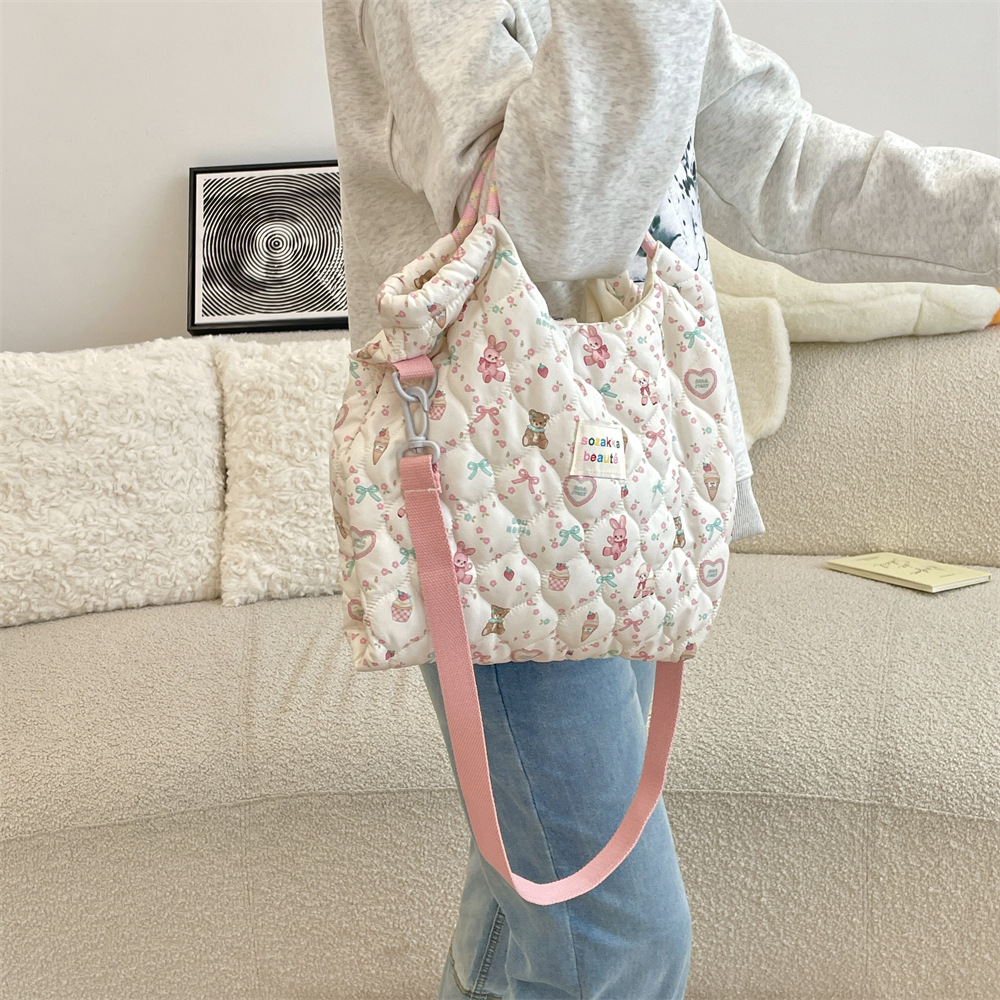 Mala de ombro acolchoada para mulher estilo coreano tote cartoon_voghion.com