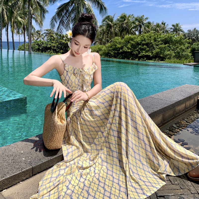 Contrast Color Plaid Ruffle Sling dress Summer New Elegant Style Fungus Lotus Leaf Sling dress Women