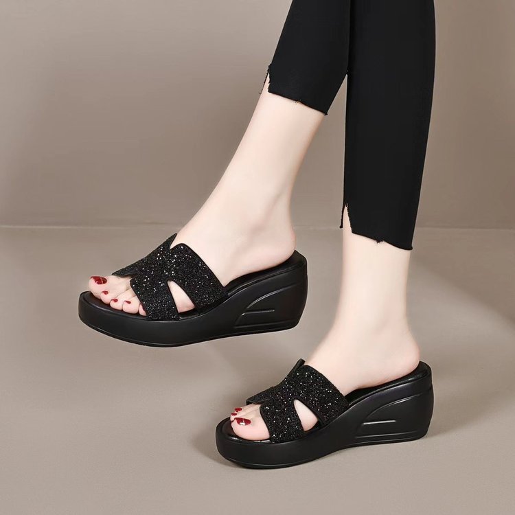 跨境高跟软皮韩版厚底H半拖夏外穿松糕底一字拖钻拖坡跟水钻凉拖