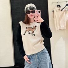 深圳南油高货 明星同款 小香风撞色小鹿提花圆领套头针织衫毛衣女