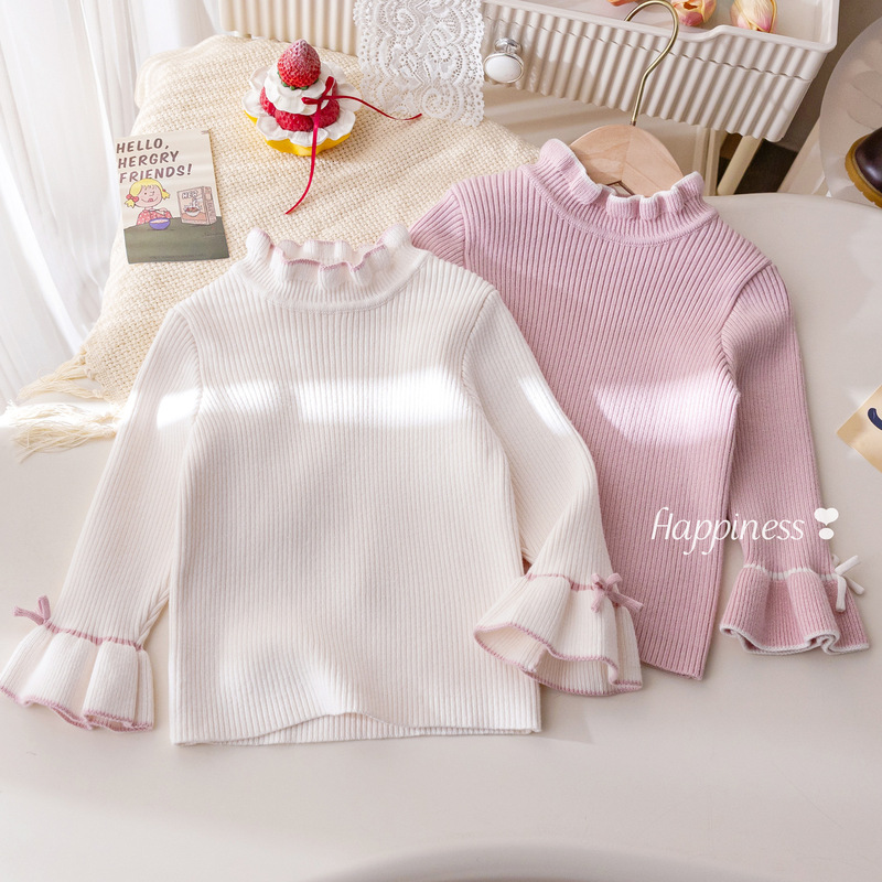 Girls' Autumn and Winter Thickeneded Knitwears, Stylish Pure Color Bow Bell-Sleeved Knitwears, Baby Girls' Winter Warm Clothes