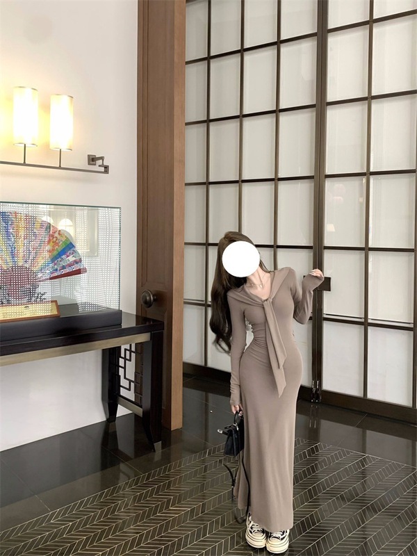 纯欲温柔气质拼接系带长袖针织连衣裙女早秋新款收腰显瘦长裙女装|undefined