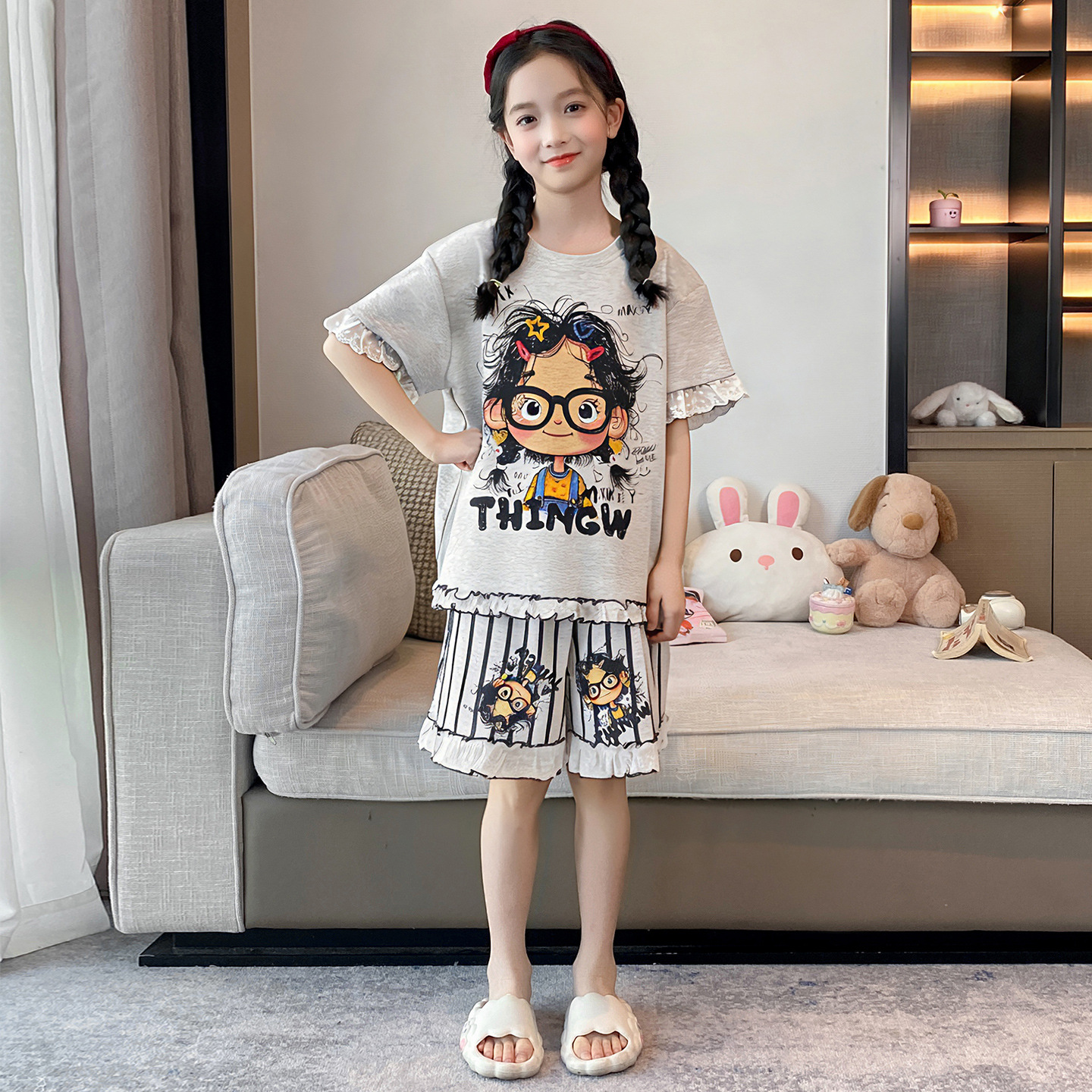Pijamas de niñas para niños de verano modelo ultra delgado de manga corta 2026 nuevo estilo de verano de ropa de casa para niños mayores