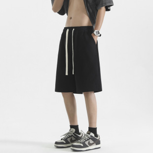 Black Men's Summer Trendy Loose Shorts, Thin Breathable Versatile Casual Straight-Leg Solid Color Five-Point Shorts