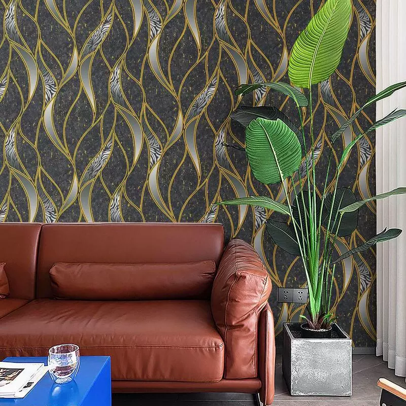 现在简约水波纹PVC压纹墙纸 波浪纹条纹蓝色深色壁纸厂家现货