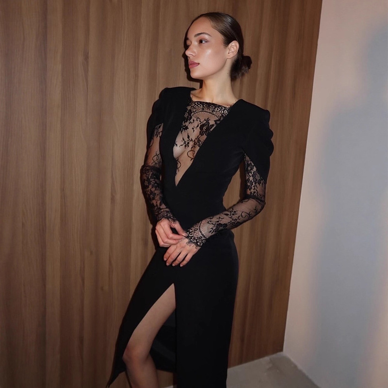 Autumn and Winter Hot Sale Cross-Border Amazon New Elegant V-Shaped Lace Splicing Elegant Slim Slit Dress for Women