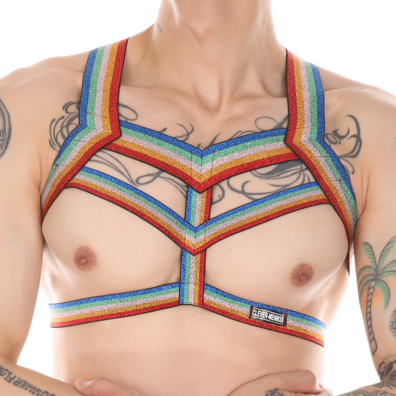 CLEVER-MENMODE Men's Flash Rainbow Fitness Sports Muscle Showing Big Breast Belt Nightclub Performance Decoration