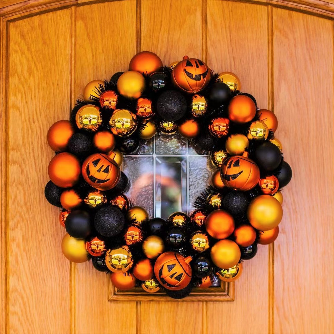 Halloween Smiling Pumpkin Ball Front Door Pendant Atmosphere Wreath Decoration_voghion.com
