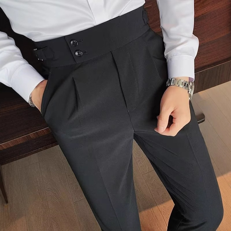 Naples Men's Suit Pants, Korean Style Slim Fit, Autumn/Winter Retro Solid Color Mid-High Waist Business Casual Straight Leg Pants