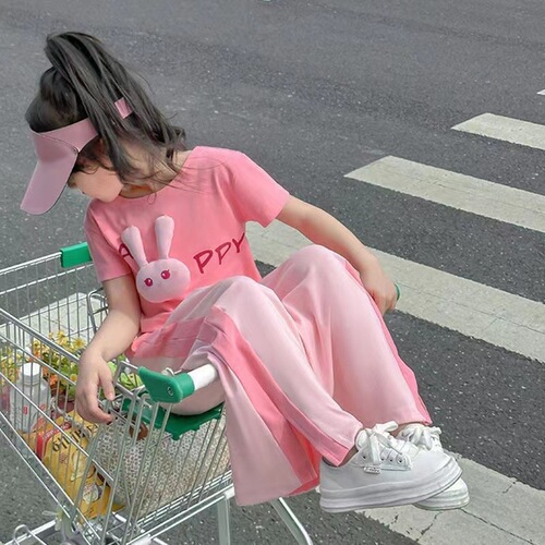 Girls Summer Suit Set  New Children's Wear Internet Celebrity Fashionable Children's Fashionable Wide Leg Pants Summer Two-Piece Set