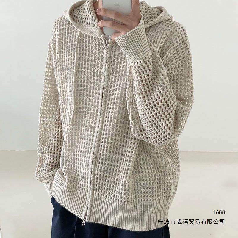 Early autumn openwork knit cardigan jacket for men, hooded, long-sleeved sweatshirt, Korean style trendy design sweater