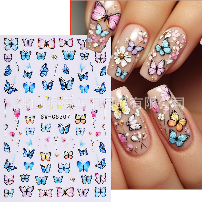 Cross-border new nail art stickers wholesale ins wind spring cherry blossom butterfly color butterfly 3D adhesive nail decal