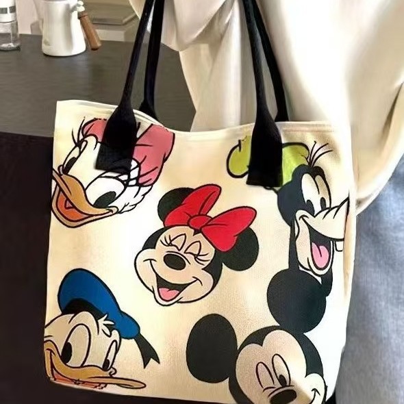 Cross-Border New Canvas Bag Women's Large Capacity Bag 2024 New Cute Cartoon Handbag Shoulder Tote Bag