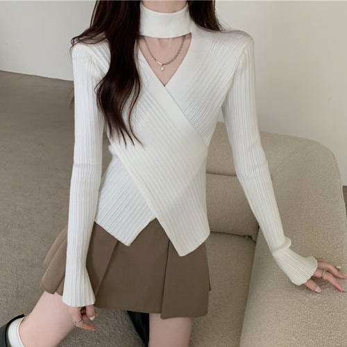 Stylish Cross-Neck Sweater for Women, Designed for Autumn/Winter, Sexy and Unique Top, Fashionable Long-Sleeve Knitwear