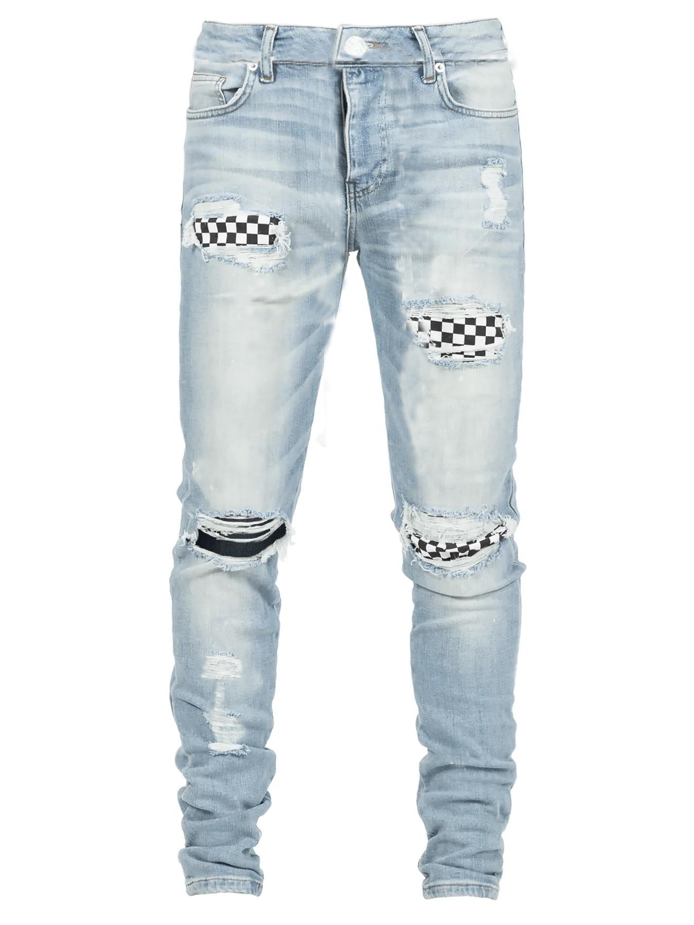 Stazione di abbigliamento maschile stile caldo pantaloni strappati con toppa e gamba piccola autunno e inverno jeans attillati e aderenti strappati da uomo_voghion.com