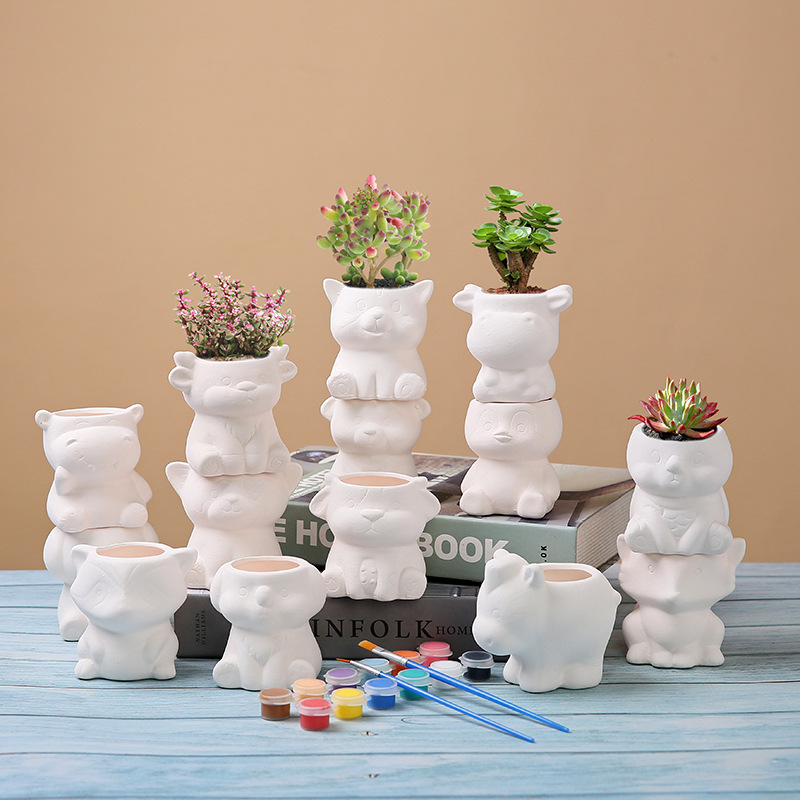 简约素烧卡通动物多肉花盆 可DIY跨境亚马逊家庭园艺陶瓷多肉盆栽