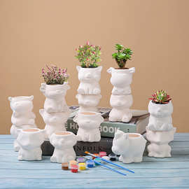 简约素烧卡通动物多肉花盆 可DIY跨境亚马逊家庭园艺陶瓷多肉盆栽
