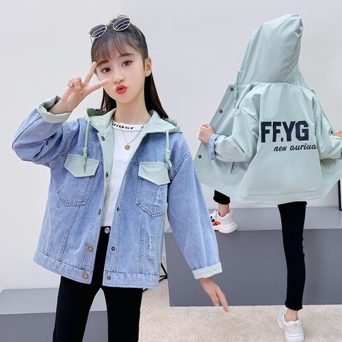 2024 spring new girls denim jacket autumn clothing for older children Korean style reversible denim hooded top
