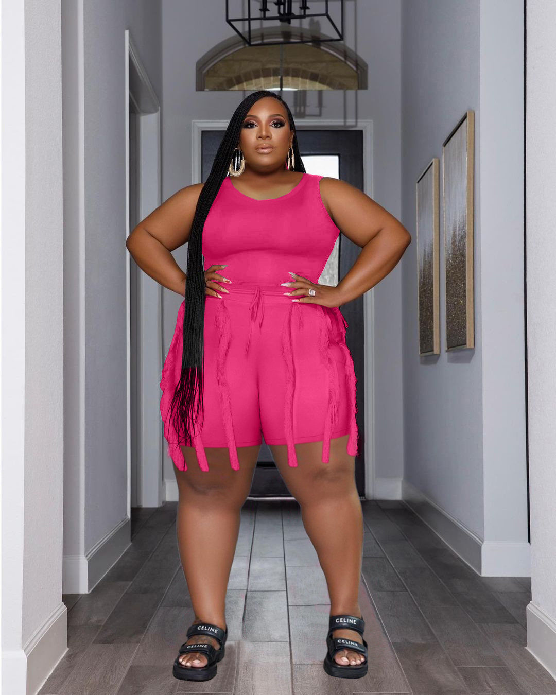 Women's Clothing Two-piece Set with Tassel Shorts, Sleeveless Casual Suit, Sports Large Size Two-piece Set_voghion.com