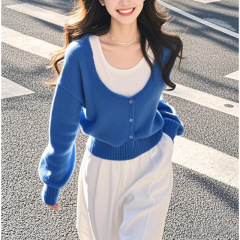 减龄上衣蓝色假两件针织衫女秋季新款今年流行的漂亮小衫
