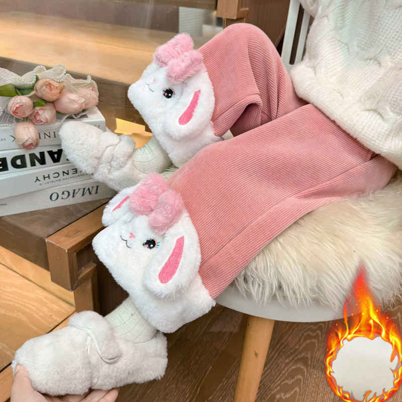 여자 기모 귀여운 토끼 캐주얼 바지 2024 가을 겨울 새 어린이 한국 소녀 두꺼운 겨울 바지