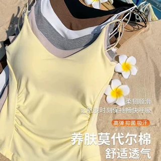 褶皱遮肚修身显瘦V领美背吊带背心女带胸垫内搭外穿打底上衣