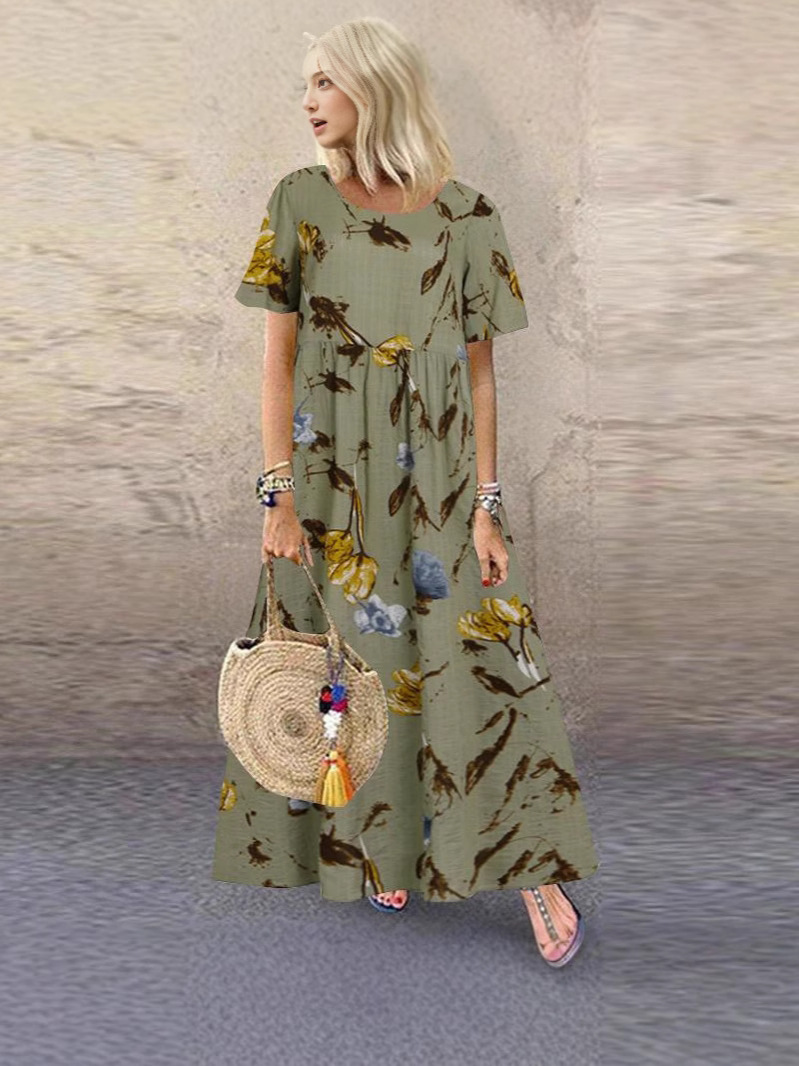 Cross-Border Hot-Selling Item: European and American Casual Round-Neck Short-Sleeve Dress, New Summer Women's Fashion, Popular on Aliexpress Independent Sites