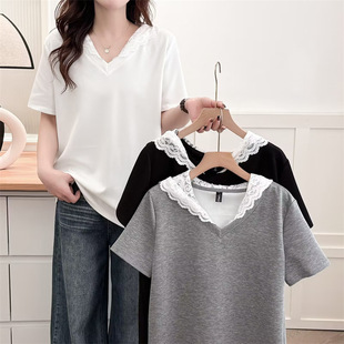 Plus Size Women's Lace Cat Splicing T-Shirt Short-Sleeved 2025 Summer Niche Simple Casual Shirt Fat mm Top 5009