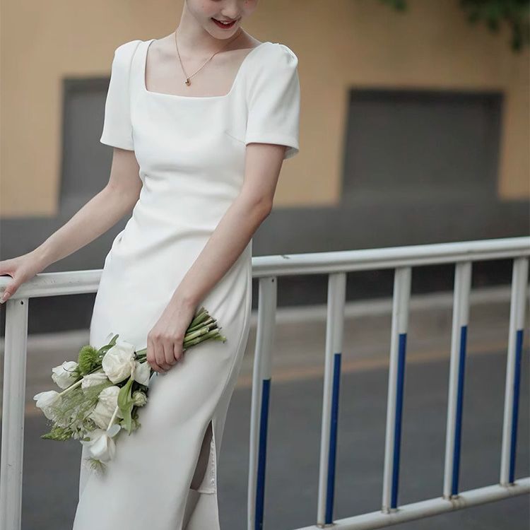 White sheath dress summer high-grade French socialite temperament engagement host dress women can wear at ordinary times
