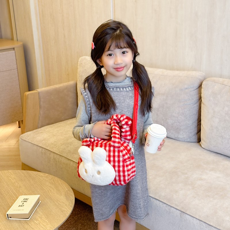 Bolsa de hombro coreana para niñas, lindo conejo blanco, bolso de moda a cuadros para bebés 2025 nuevo bolso de peluche para niños