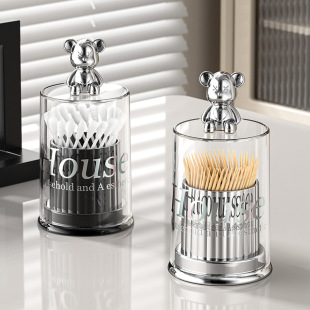 Living Room Toothpick Holder Creative Bear Lid Household Dust-Proof Transparent Visible Cotton Swab Toothpick Storage and Placement Box