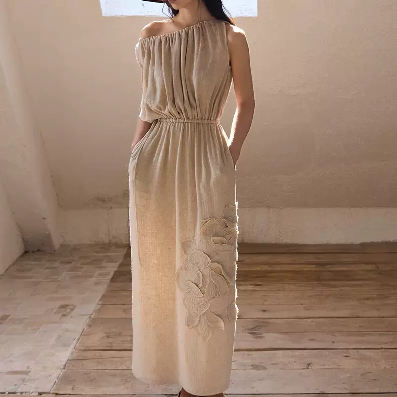 黛因料亚麻棉 立体花瓣贴布绣 多穿法收腰宽松显瘦连衣裙早春连身