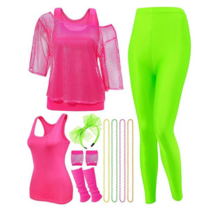 Cross-Border Hot Selling 80S Women's Prom Fishnet T-Shirt Vest Leggings Suit Accessories