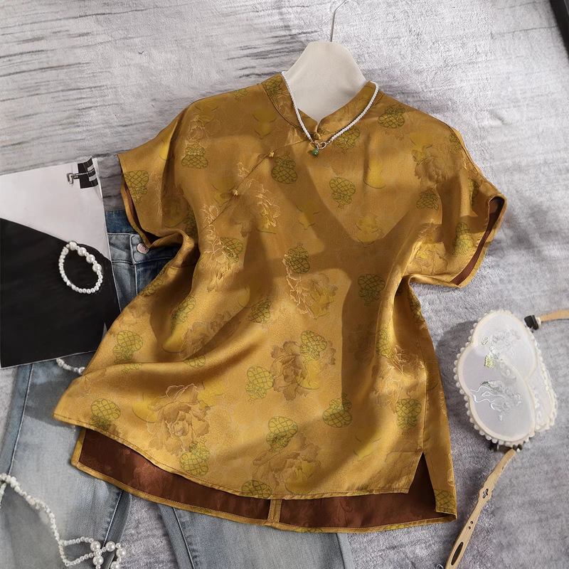 2026 Summer New Style Xiangyun Silk Shirt, Silk Gourd Satin Jacquard, New Chinese Style National Style Top, Women's Sleeveless Jacket