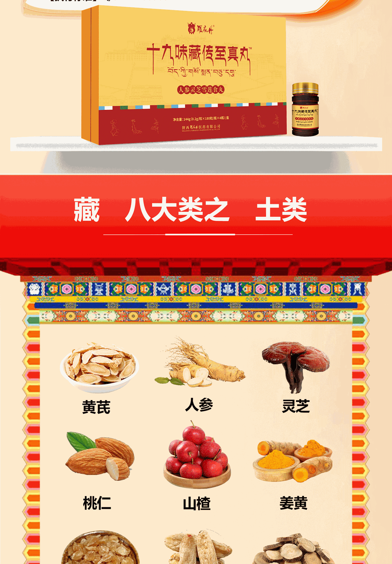 Nineteen Herb Tibetan Wellness Pills Shizhen Wan Ginseng Lingzhi Daily Herbal Supplement 144g specifications