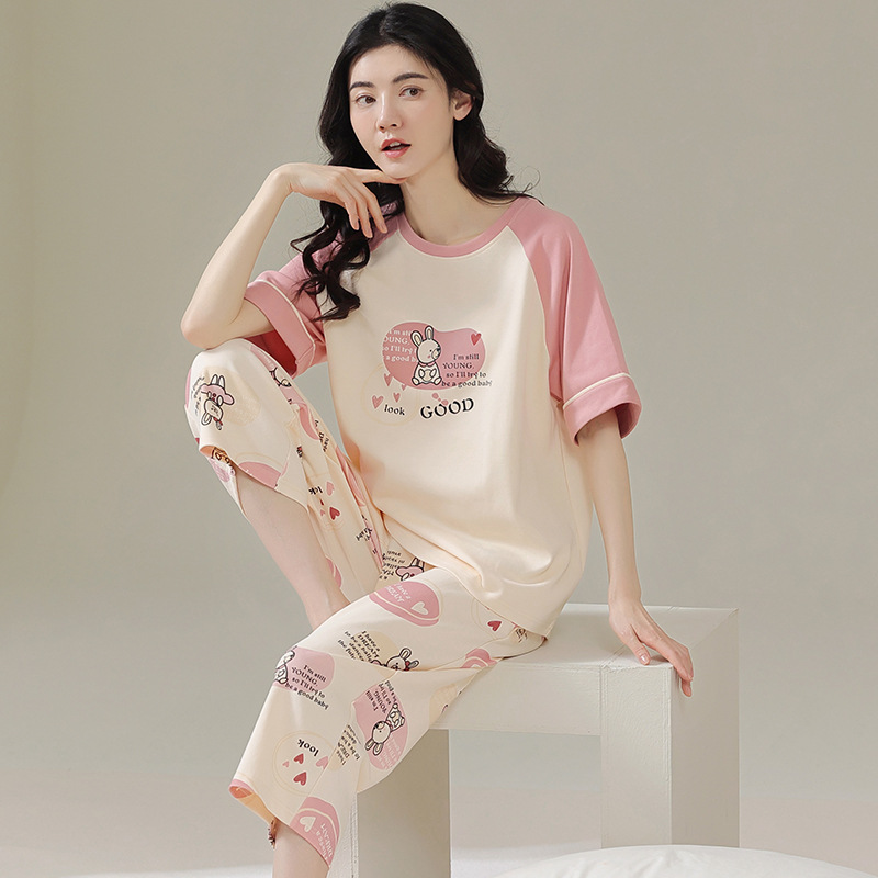 Summer Cotton Women's Short-sleeved Cropped Pants Pajamas Simple Casual Breathable plus size Young Girl's Home Clothes Summer