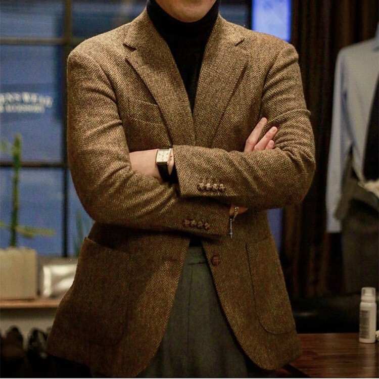 Retro British Tweed Men's Woolen Coat, Brown Wool Tweed Suit, Herringbone Pattern, Autumn and Winter Slim-Fit Suit