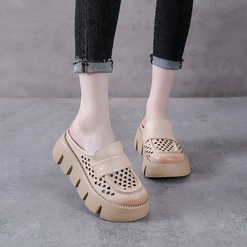 Sandal nữ đế dày da bò thật, mũi bít lỗ, gót thấp đi hè — Màu nâu