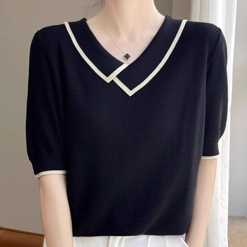 European-Style Diagonal Collar Youthful Knit Short-Sleeve Women's Top 2026 Spring/Summer New Design Niche Slimming Trendy T-Shirt European-Style Diagonal Collar Youthful Knit Short-Sleeve Women's Top 2026 Spring/Summer New Design Niche Slimming Trendy T-Shirt