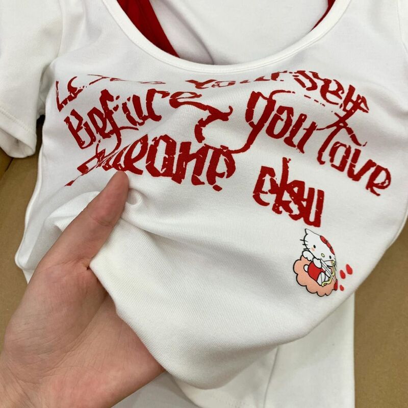 アメリカンレターフェイクツーピース半袖Tシャツレディース夏新デザインニッチホットガールスリムショートトップトレンディ|undefined