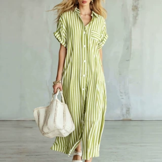 2026欧美跨境独立站夏季时尚新款宽松V领长款条纹衬衫连衣裙女