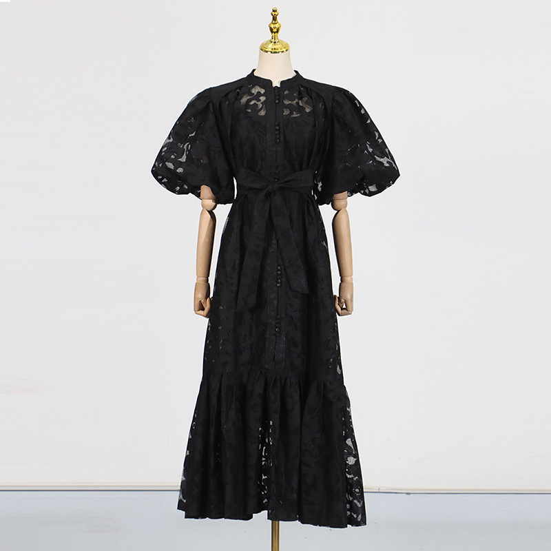 Retro Design Maxi Dress Spring Summer Single Breasted Printed Lace up Short Sleeve Long Pattern Dress Women